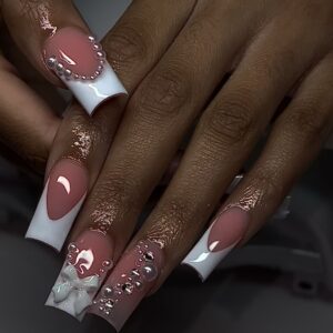 Pink & White Bow Bling” Press-On Nails