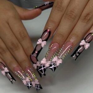 Pink & Black Bow Glam Press-On Nails