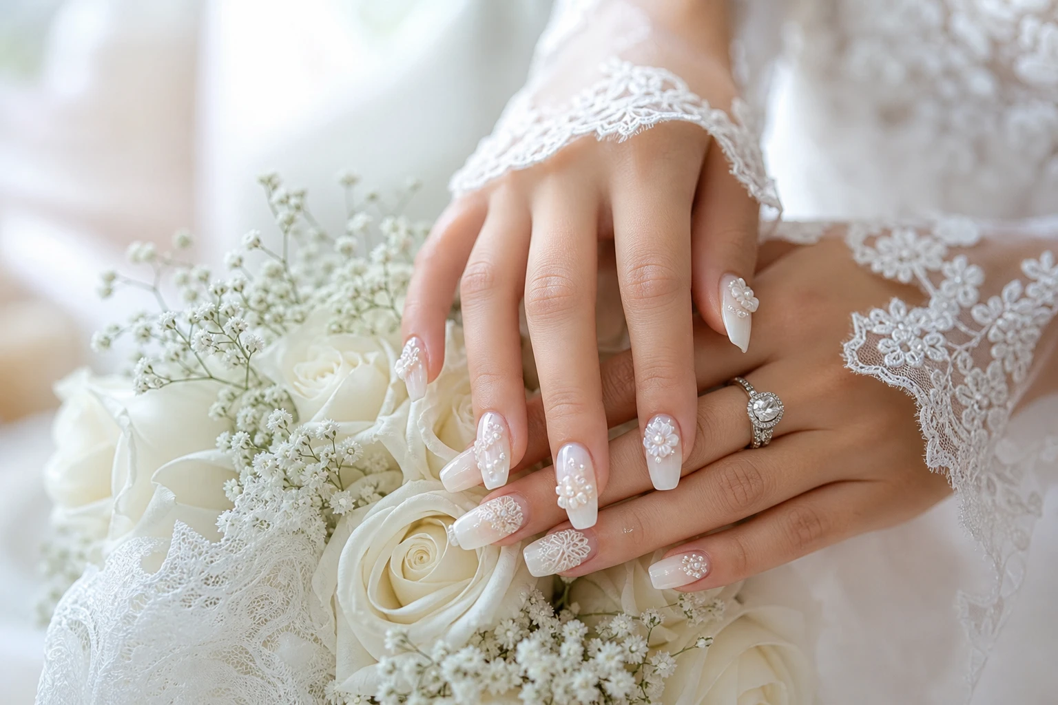 Bridal pearl and lace wedding press-on nails