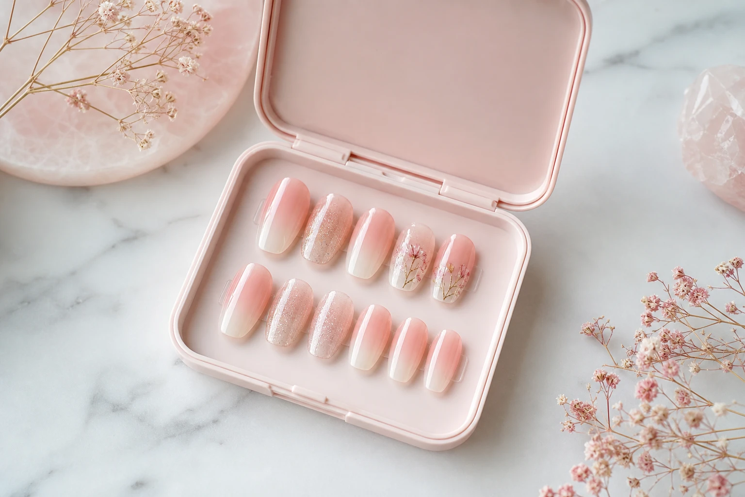 Reusable press-on nails in a storage case